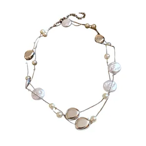 Elegant double-layer necklace with pearls and organic silver-tone metallic beads