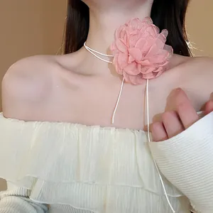 Elegant romantic pink fabric flower choker necklace with slim white cord for women