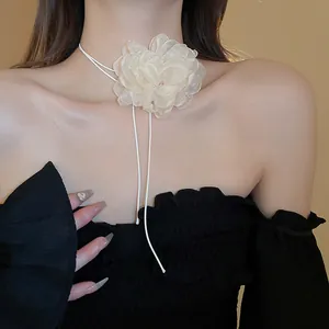 Elegant cream white fabric flower choker necklace with thin lace string for women
