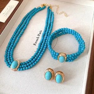 Vintage Multi-layer Turquoise Beaded Necklace Bracelet Earrings Set Alloy Oval Geometric Pendant Bohemian Ethnic Jewelry For Women