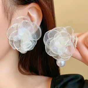 Mesh Flower Stud Earrings With 925 Sterling Silver Earring Post Artificial Pearl Accent Romantic Fairy Style Jewelry For Women
