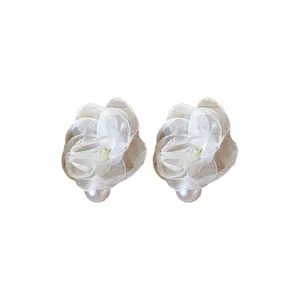 Elegant mesh flower stud earrings with faux pearls shown on a clean white background.
