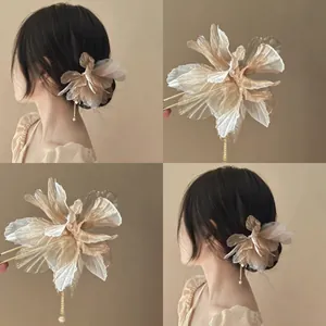 Elegant Chiffon Flower Hair Stick With Artificial Pearl Tassel Vintage Retro Hair Fork For Women Hanfu Hair Accessories
