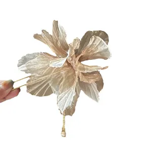 Elegant champagne gold chiffon flower hairpin for vintage and fairy aesthetic hair styling