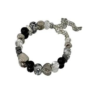 Trendy beaded crystal heart bracelet with silver metallic accents in ins style.
