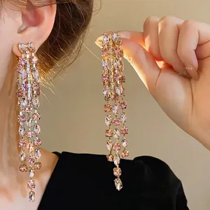 Lussuosi Orecchini Lunghi a Nappa con Strass Rosa e Perno in Argento Sterling 925 Orecchini a Goccia in Rame Placcato Oro