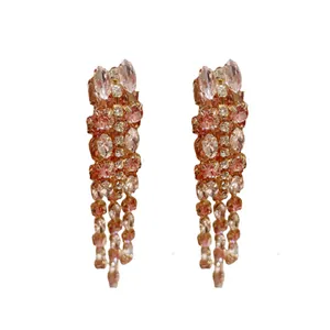 Eleganti orecchini a nappa lunga per donna con strass rosa e trasparenti e ago d'argento