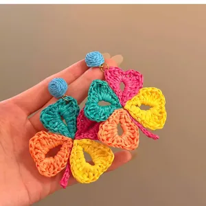 Handmade vibrant multi-color raffia straw flower drop earrings for beach holidays