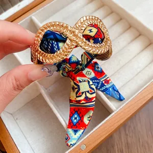 French Vintage Ethnic Style Alloy Bangle Bracelet With Printed Scarf Ribbon Fashion Exotic Jewelry For Women