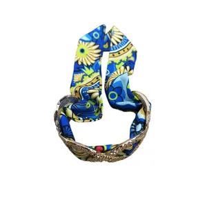 Exotic French style alloy bracelet with blue and yellow floral silk scarf ribbon detail
