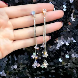 Elegant silver needle butterfly zircon long tassel earrings for women fashion jewelry