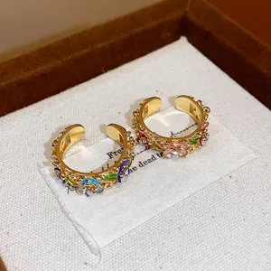 Vintage 18k gold plated enamel flower open ring with sparkling rhinestone details
