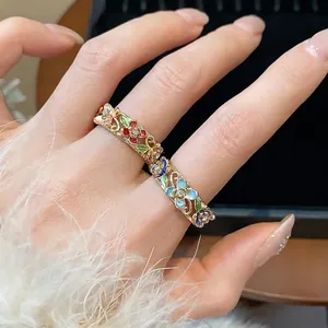 Vintage 18k gold plated colorful enamel flower open ring with sparkling small crystals