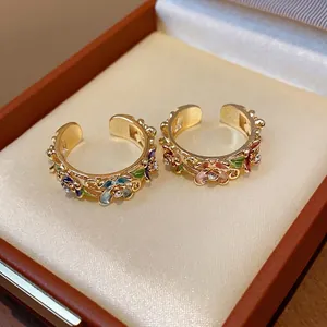 Vintage 18k gold plated floral enamel open ring with sparkling crystal inlay detail