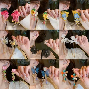 Handmade Alloy Fabric Flower Butterfly Long Tassel Earrings With Silver Post Artificial Pearl Rhinestone Drop Earrings For Women Elegant Fashion Jewelry