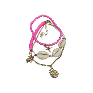 Conjunto de pulsera y tobillera bohemia de cuentas rosas y colgantes de concha mar