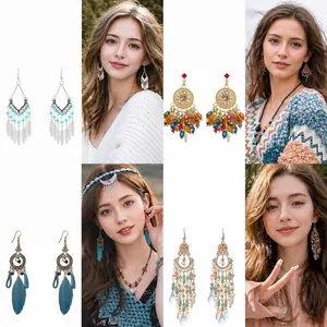 Bohemian ethnic earrings with beads and tassels in vintage teardrop designs for women