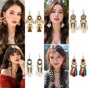 Bohemian Vintage Drop Tassel Earrings For Women Ethnic Style Handcrafted Beaded Feather Fringe Earrings For Vacation Party Jewelry