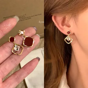 Vintage 18K Gold Plated Asymmetrical Zirconia Stud Earrings For Women Ruby Red Clear Square Geometric Earrings Jewelry
