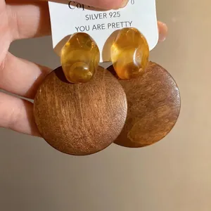 Minimalist retro wooden round drop earrings with S925 silver needles in amber brown finish