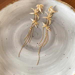 Elegant New Chinese style bamboo leaf tassel earrings with gold finish for women
