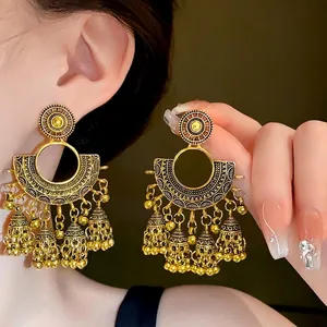 Vintage Alloy Fan Shaped Jhumka Bell Tassel Earrings With 925 Sterling Silver Earring Post For Women Ethnic Style Statement Jewelry