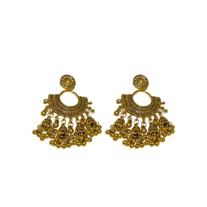 Exquisite vintage gold fan-shaped tassel earrings with ethnic jhumka bell charm design