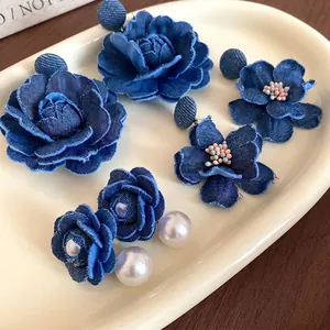 Orecchini a Goccia in Denim Fatti a Mano Con Perno in Argento Sterling 925 Orecchini a Bottone con Perle Artificiali Donna