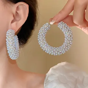 Bohemian Runde Creolen Mit 925 Sterling Silber Stift Künstliche Perle Strass Eisen Schmuck Für Damen Party