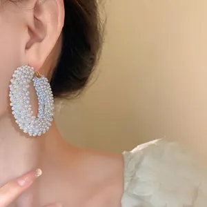Boho-Perlen-Creolen mit Strasssteinen und Silbernadeln für Damen Mode-Schmuck