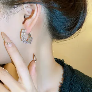 Detailed view of elegant double-row zircon oval hoop earrings worn on a female ear.