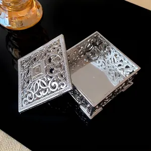 Vintage silver ornate hollow-out metal jewelry box for rings and earrings storage
