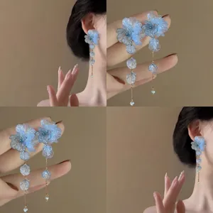 Sweet Glass Flower Petal Tassel Drop Earrings With Silver Earring Post For Women Elegant Romantic Floral Jewelry Accessory Gift