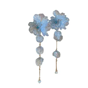 Elegant blue gradient petal flower tassel drop earrings with silver needle hooks for women