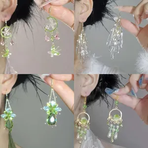 Modern Chinese Style Flower Artificial Pearl Tassel Drop Earrings For Women Elegant Forest Style Gentle Luxury Ear Jewelry