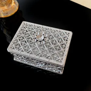 Detailed view of exquisite silver metal jewelry box with vintage hollow pattern design