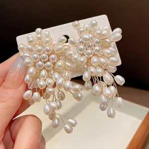Retro Alloy Artificial Pearl Flower Tassel Drop Earrings With 925 Sterling Silver Earring Post Luxurious Bridal Jewelry For Women