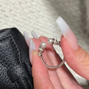 Vintage silver twisted cable open ring with white pearls and zircon accents for women