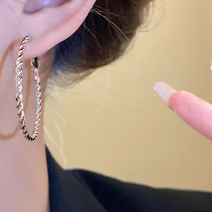 Detailed close-up view of a classic silver twisted hoop earring worn on a model's ear