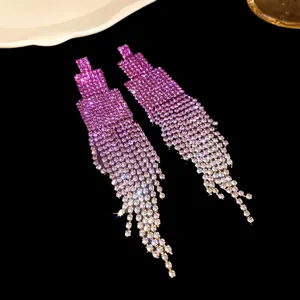 Elegant purple gradient tassel earrings featuring a geometric crystal encrusted design