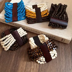 Braccialetto Multistrato di Perline in Legno Bohémien Stile Etnico Vintage Bracciale Artigianale da Donna Gioielli Retro
