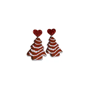 Festive red heart and Christmas tree drop earrings with glitter and frosted patterns.