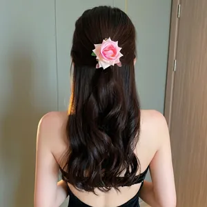 Elegant pink rose flower hair clip for women in a sweet and stylish Korean style.