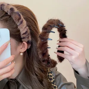 Vintage Plush Leopard Print Headband Maillard Style High Skull Top Fluffy Hair Band For Women Autumn Winter Fashion Hair Accessories