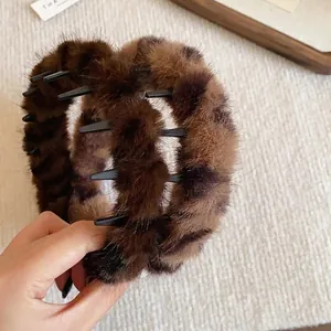 Stylish retro leopard print faux fur headband with brown plush texture for winter