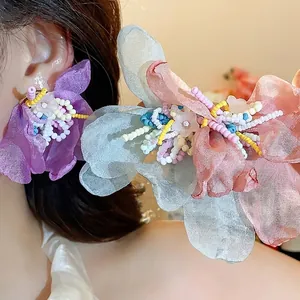 Handmade Chiffon Flower Stud Earrings With Colorful Glass Beads 925 Sterling Silver Post Vacation Style Jewelry For Women