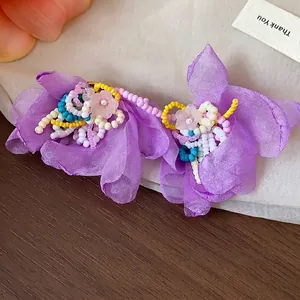 Elegant purple chiffon flower earrings with vibrant glass bead details and S925 silver needles.