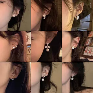 Korean Style 925 Sterling Silver Post Artificial Pearl Rhinestone Stud Earrings For Women Forest Style Geometric Heart Jewelry