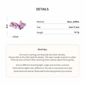 Detailed view of purple chiffon flower earrings with glass beads and dimensions