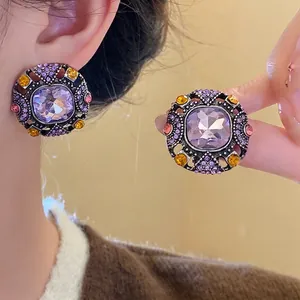 Vintage Palace Style Square Purple Rhinestone Stud Earrings With 925 Sterling Silver Earring Post Luxurious Fashion Jewelry For Women
